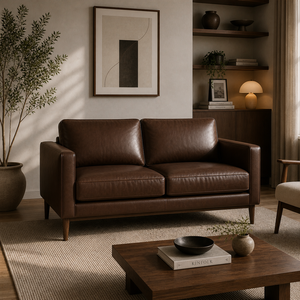 Mid-Century Modern Genuine Leather Upholstered <b>Sofa</b>, Stylish Retro Couch for Living Room Furniture Bedroom <b>Office</b> Apartment - Product Image 1