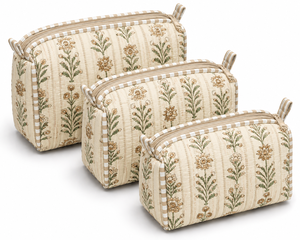 <b>Quilted</b> Floral 100% Polyester Unisex Cosmetic <b>Bag</b> Set 3 Piece Pink Stripe <b>Makeup</b> Pouch Travel Toiletry Organizer with Zippers - Product Image 2
