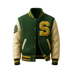 Blouson universitaire unisexe vert avec capuche et patchs chenille 'S' et feuilles sur le devant – Personnalisable pour l'école et les tenues décontractées - Product Image 2