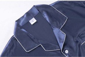 Ensemble de pyjama en satin de soie bleu marine pour homme, manches longues, couleur unie, classique, vêtements de nuit d'automne avec poche et bordure blanche - Product Image 3