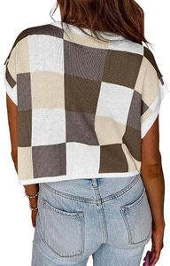 SAJZA INTERNATIONAL Women's Casual Breathable Plaid Jacquard Sleeveless Short Crop Summer Thin Color <b>Block</b> Knit Shirt - Product Image 2