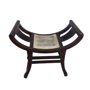 Tabouret en bois de style chinois avec assise en rotin, design sans dossier, finition antique, fait main, meubles de salon - Product Image 1