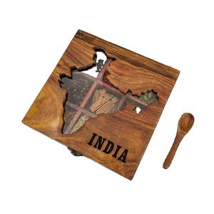 Caja de especias de madera con compartimentos divididos, contenedor de almacenamiento de condimentos tradicional tallado para encimera de cocina - Product Image 3