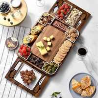 Ensemble de planches à fromage en bois d'acacia de qualité supérieure avec tiroir à couteaux, écologique, compatible lave-vaisselle, plateau de service pour charcuterie, plateau à collations, bols