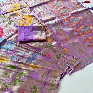 Sari VASTRA COTTAGE en viscose de tissu Jamdani pur avec bordure Paithani Minakari à tissage Zari complet, richement orné de franges Pallu et de blouse - Product Image 4