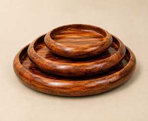 Ensemble de 3 plateaux de rangement ovales en bois, finition polie, empilables, design classique, compatibles lave-vaisselle, multifonctionnels pour la cuisine - Product Image 1
