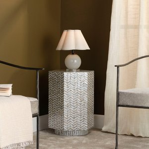 Round Mother of Pearl Inlay MDF Side Table Seashell Hand Work Glossy Finish Chevron Pattern Contemporary Design <b>Storage</b> Decor - Product Image 2