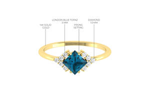 Anillo de moda 2026: Anillo delicado de oro amarillo de 14k con topacio azul de Londres de corte cuadrado de 5 mm y medio halo de diamantes, listo para enviar. - Product Image 3