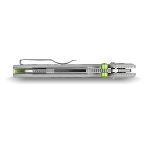 Couteaux pliants argentés avec finition satinée, lame à pointe tombante, manche texturé blanc, bouton de pouce vert, clip de poche métallique pour l'extérieur - Product Image 3