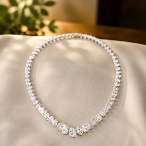 Oval Shape Diamond Tennis <b>Necklace</b> Moissanite Chain <b>Necklace</b> 10K White Gold Plated Bridal Party Jewelry for Women - Product Image 5