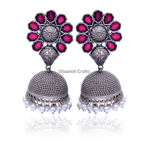 Handdrafted Silver Oxidized Purple Stud Stone Work <b>Jhumkas</b> <b>Earring</b> Beautiful Bell Pattern Design <b>Earring</b> for Women and Girl Wear - Product Image 4