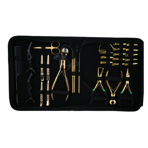 High Quality Gold Salon Hair Extension Tool Kit with Tape In Plier Micro Bead Remover Keratin Cutter Threading Loop Rexine Tool - Product Image 1