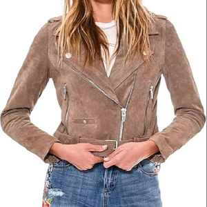 Women's <b>Suede</b> Moto <b>Jacket</b> Full Sleeve Zipper Closure Solid Color Autumn Style Slash Neck Design - Product Image 6