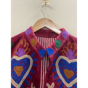 Hand Embroidered Velvet <b>Jacket</b> Women Mandarin Collar Full Sleeve Heart Pattern Autumn Bohemian Style Coat - Product Image 3