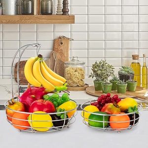 Countertop Fruit <b>Basket</b> Bowl with Detachable Banana Hanger Chrome Metal <b>Wire</b> Vegetable Storage Holder Modern Kitchen Counter - Product Image 1