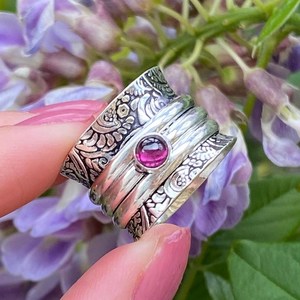 Handmade Garnet Crystal Fidget <b>Spinner</b> <b>Ring</b> Engraved 925 Sterling Silver Anxiety Relief Unisex Jewelry Gift Wholesale - Product Image 5