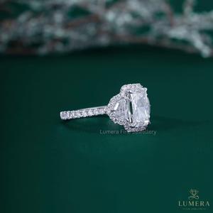 Luxury Radiant Cut Lab Grown Diamond Halo Engagement <b>Ring</b> 14K 18K White Gold Half <b>Moon</b> Three Stone Pave Anniversary Bridal <b>Ring</b> - Product Image 4
