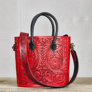 Vintage Red Genuine Leather <b>Shoulder</b> Bag With Floral Embossing Two Handles Crossbody <b>Strap</b> All Seasons Daily Use - Product Image 1