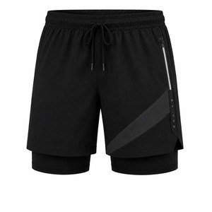 Men Sport Shorts Black Solid Color Blocked Side Stripe Quick Dry Drawstring Waist <b>Mid</b> Length Knitted Polyester Double <b>Layer</b> - Product Image 3
