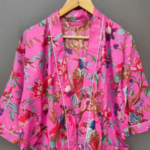 Bata Kimono de Algodón 100% con Estampado de Dibujos Animados para Mujer, Camisón de Verano Hecho a Mano, Cuello en V, Cintura Elástica, Largo Completo - Product Image 1