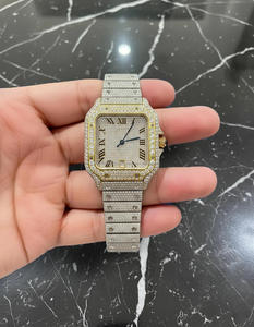 Superbe montre-bracelet de luxe pour homme en acier inoxydable, entièrement sertie de pierres, mouvement mécanique analogique, verre, résistance à l'eau 100 bars, bouton poussoir - Product Image 1