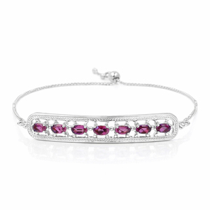 Pulsera de Cadena de Barra Semicircular con Siete Piedras Ovaladas de Granate Rodolita en Plata de Ley 925, Chapada en Oro y Rodio - Product Image 4