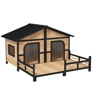 Grande Cuccia Rialzata per Animali Domestici 150x160x100 cm, in Legno di Abete Rustico Resistente alle Intemperie, Stile Casetta in Legno per Veranda e Terrazza, Naturale - Product Image 1