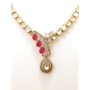 Conjunto de Collar y Pendientes con Colgante de Zirconia en Forma de Lágrima Estilo Victoriano # Plata de Ley 925, Joyería Nupcial India Hecha a Mano, Chapada en Oro Étnico - Product Image 2