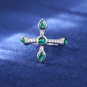 Women's Platinum Cross <b>Ring</b> With <b>Emerald</b> And Diamond Accents Religious Style - Product Image 1