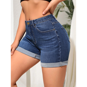 Shorts de Mezclilla de Cintura Alta para Mujer, Color Sólido, Botones al Frente, Lavado a la Piedra, Azul Oscuro, Verano, Casual, Corte Regular, Dobladillo Reforzado, ODM OEM - Product Image 4