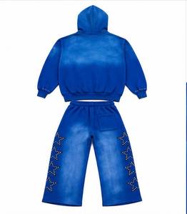Ensemble de survêtement bleu à capuche pour homme, coupe droite, en molleton écologique, streetwear, couleur unie, polyester, sweat-shirt et pantalon - Product Image 2