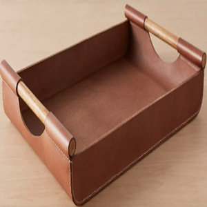 Bandeja rectangular de cuero con asas de metal, bandeja de cuero rectangular con asas de latón, bandeja de cuero de grano corrugado azul oscuro - Product Image 4