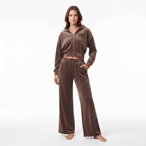 Custom Women Velvet Tracksuit Long Sleeve Crop Zip Hoodie <b>Wide</b> <b>Leg</b> Drawstring High Waist Flared <b>Jogger</b> Breathable Casual Wear - Product Image 2