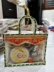 Handcrafted Jute <b>Wedding</b> <b>Gift</b> Bag with Clear PVC Window & Embroidery | Decorative Indian Festival <b>Hampers</b> Packing Tote Bag - Product Image 1