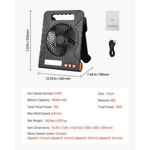 Ventilatore Solare Ricaricabile da 10000mAh con Lanterna LED, Pannello Solare Pieghevole Portatile da 7 Pollici 4W, 4 Velocità, Timer e Luce - Product Image 3