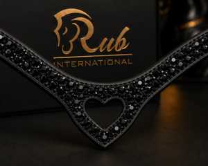 Cabestro de cuero genuino Rub International con diseño de corazón de diamantes de imitación negros y tachuelas doradas, estilo silla de montar inglesa, personalizable - Product Image 3