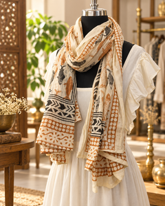 En gros, Foulard, Paréo, Sarong et Étole pour femme en coton ivoire à imprimé poisson, avec bordure géométrique noire et marron, léger, mode estivale - Product Image 2