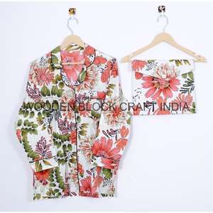 ชุดนอนผ้าฝ้ายเนื้อนุ่มพิเศษลายดอกไม้สำหรับผู้หญิง ประกอบด้วยเสื้อเชิ้ตและกางเกงขายาว ดีไซน์หรูหรา ทำมือใหม่ เหมาะสำหรับฤดูร้อน - Product Image 3