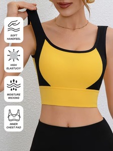 Ladies Colorblock Active <b>Top</b> Rib Knit Fitness <b>Crop</b> Vest Wide Band High Stretch Running Training Padded Athletic Bra - Product Image 3