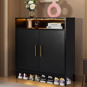 FCH 6-Layer Double Door Shoe Cabinet 80*38*90cm Black High Foot LED Lights Particle Board Elegant Shoe Racks - Product Image 4