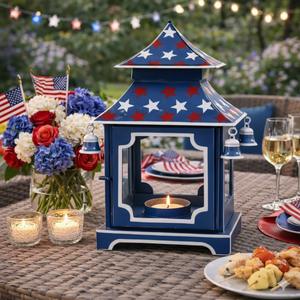 New White with <b>Red</b> & Blue Star <b>Red</b> Trim Pagoda Lantern Handmade With Bells Elegant Indoor Tabletop & Hanging Home Decor Accent - Product Image 4
