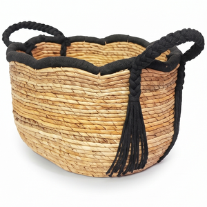 Cesta de almacenamiento de jacinto de agua natural con borlas negras, organizador de baño festoneado tejido a mano, contenedor con logotipo personalizado, venta al por mayor - Product Image 1