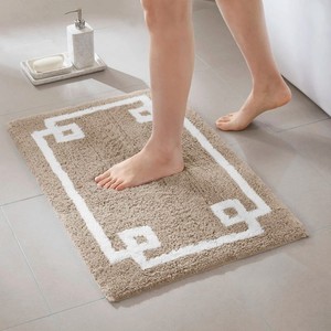 Modern Geometric Bath <b>Mat</b> Rectangle Cotton Tufted Non-Slip Rubber Backing Thick Beige White Border Home <b>Bathroom</b> Rug - Product Image 5