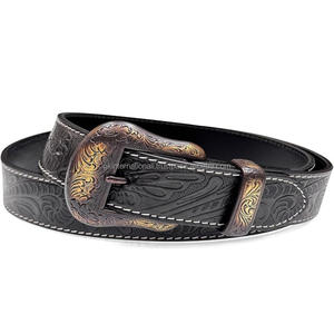 Cinturón de herramientas de cuero occidental de moda para hombre con relieve floral de mano de obra de calidad con conjunto de hebilla de diseñador de latón antiguo de 3 piezas - Product Image 2