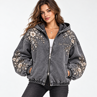 Blouson bomber gris en jean délavé pour femme avec broderie florale, manches lanternes et fermeture éclair – Collection automne – Vente en gros – Personnalisation OEM