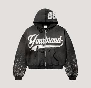 Sudadera con capucha y cremallera Yourbrand para hombre, estilo oversize, streetwear, estampado serigrafiado, efecto desgastado con pedrería, algodón, felpa francesa. - Product Image 3