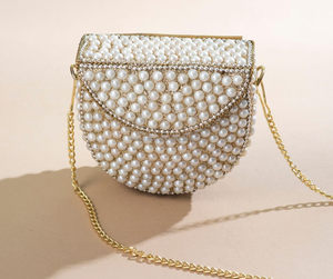 Fashion Pearl Beaded <b>Mini</b> Clutch Handbag Gold Plated Zip Closure Single Strap Polyester Lining Water Resistant Custom Logo Party - Product Image 1