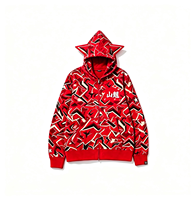Sweat à capuche zippé intégral pour homme, style streetwear japonais Hip Hop, motif masque de taureau, en molleton épais 100% coton, imprimé camouflage abstrait étoilé rouge sur le devant