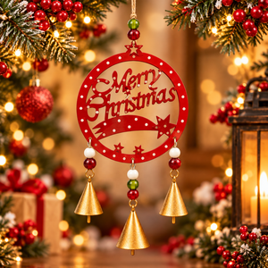 Cadre circulaire en fer forgé avec typographie de Noël, paysage enneigé sculpté et suspensions de perles multicolores - Product Image 2