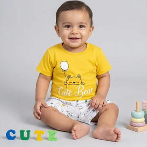 Tiny <b>Toes</b> Pure Cotton Baby Boy Summer Set Mustard Yellow Cute Bear Graphic Tee & Printed Shorts - Product Image 2
